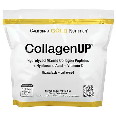 California Gold Nutrition, ®CollagenUP, פפטידי קולגן ממקור ימי שעברו הידרוליזה + חומצה היאלורונית + ויטמין C, ללא טעם, 1 ק"ג (2.2 ליברות)