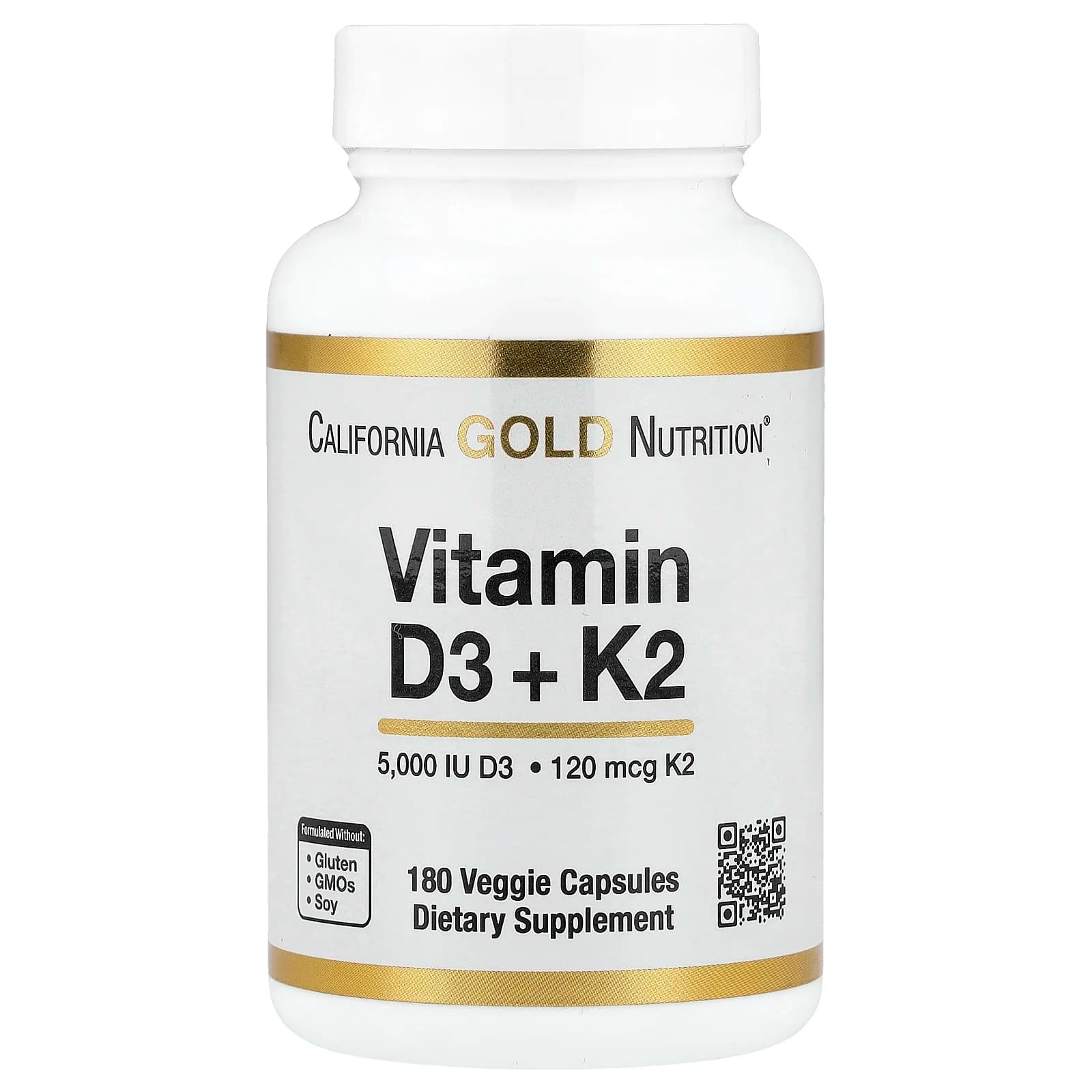 California Gold Nutrition, ויטמין D3 + K2 בצורת MK-7, 180 כמוסות צמחיות