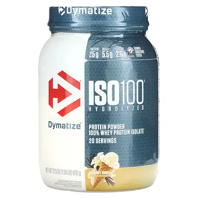 Dymatize, ISO100®, 100% חלבון מי גבינה מבודד שעבר הידרוליזה, בטעם וניל גורמה, 610 גרם (1.34 פאונד)
